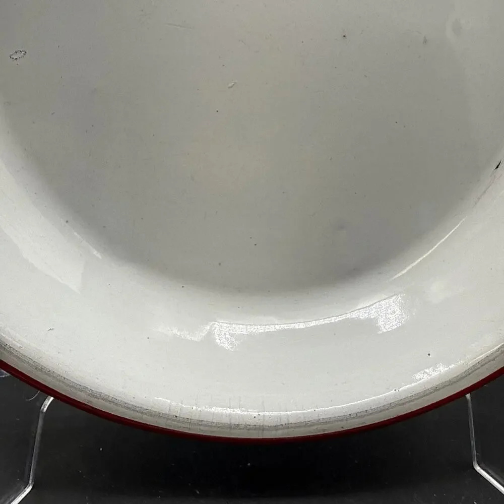 Vintage White Red Rim Enamelware Dinner Plate Farmhouse Camp Rustic 9.25 Inches